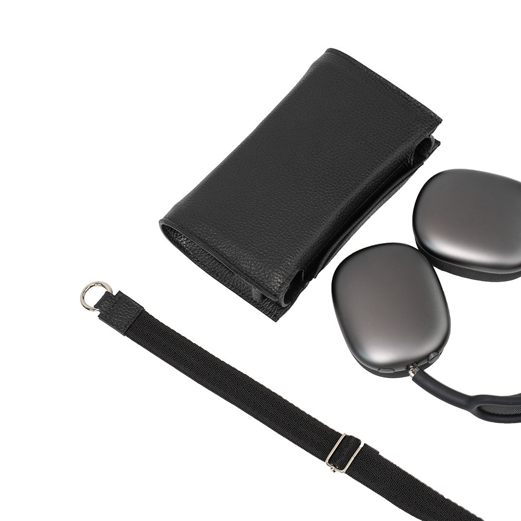 Leather Case with Adjustable Fabric Strap for AirPods Max (Black)-3